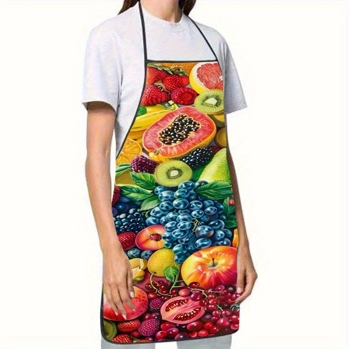 1pc Fruit Print Apron Kitchen Apron With Strawberries Grapes Apples Kiwi Lemon Grapefruit Polyester Cooking Baking Apron