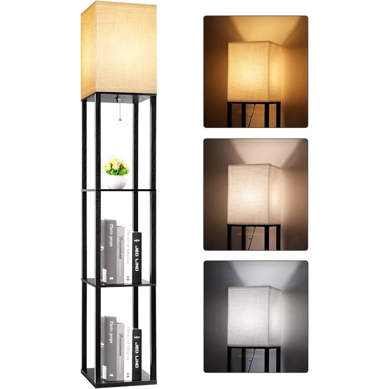 3-Shelf Floor Lamp with LED Bulbs - Modern Standing Display Shelf Lamp for Living Room, Bedroom and Office (Black)