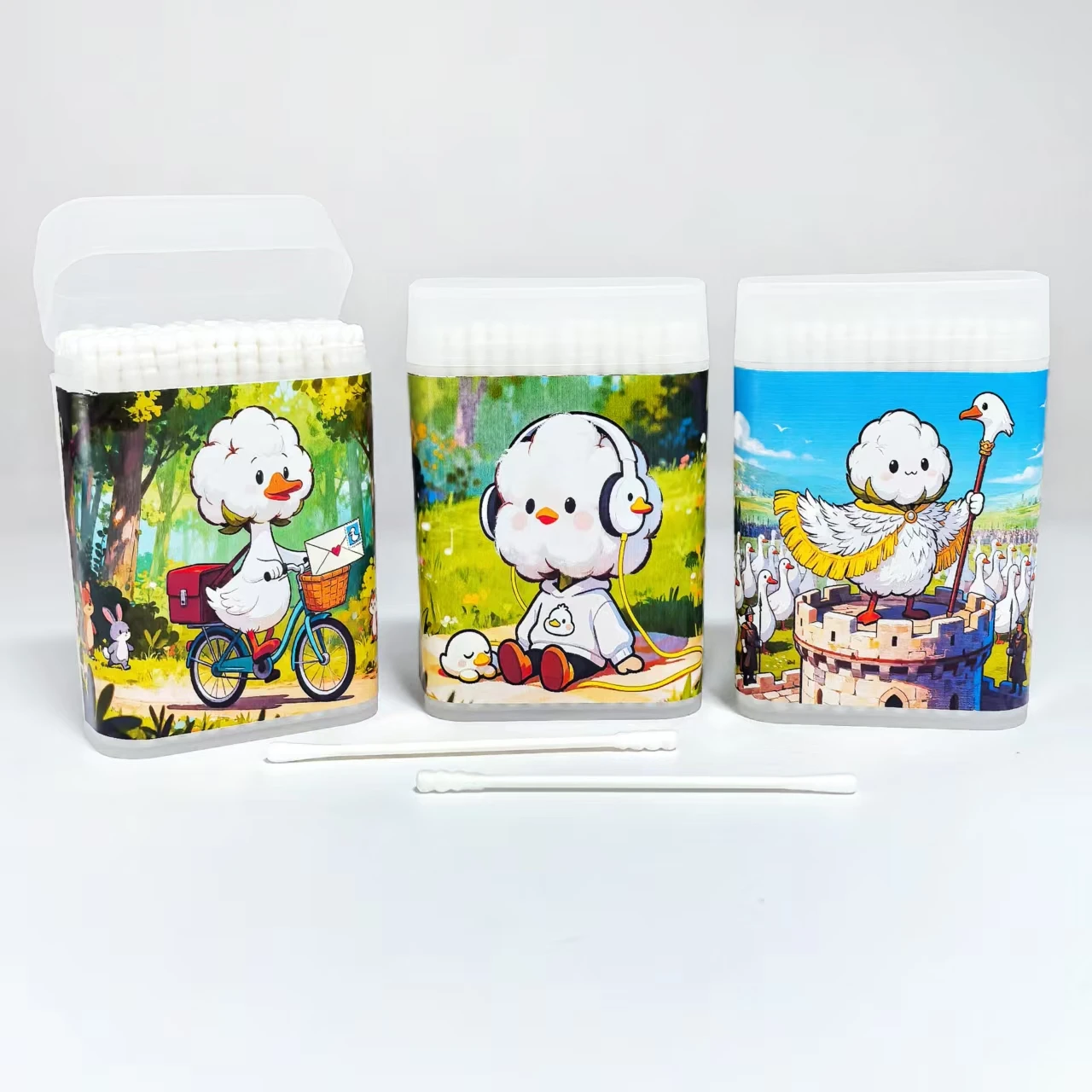 300pcs double-headed design cotton swab sticks with a large white goose theme and round spirals