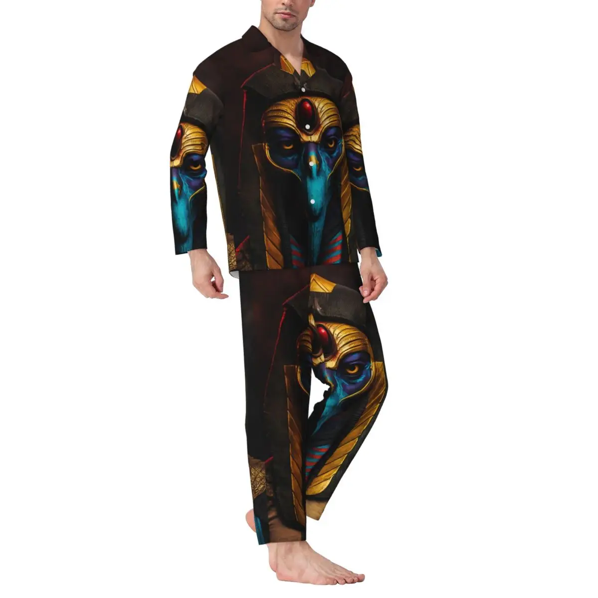 Egyptische Farao Horus Eagle God Broek met lange mouwen Pyjama voor heren Herfst en winter Homewear Nachtkleding Sets