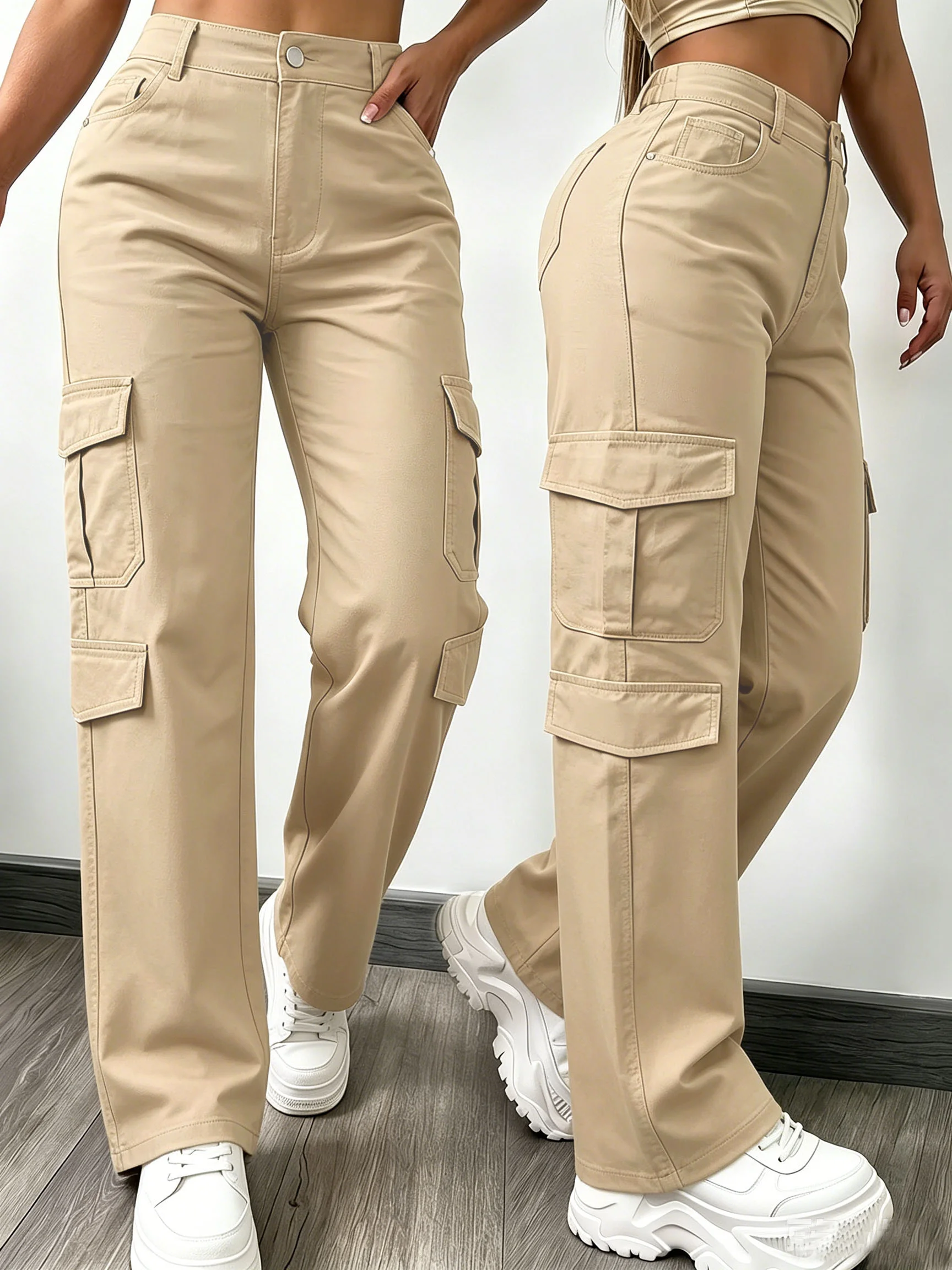 Women High Waisted Cargo Pants Multi-Pocket Wide Leg Casual Loose Fit Trouser