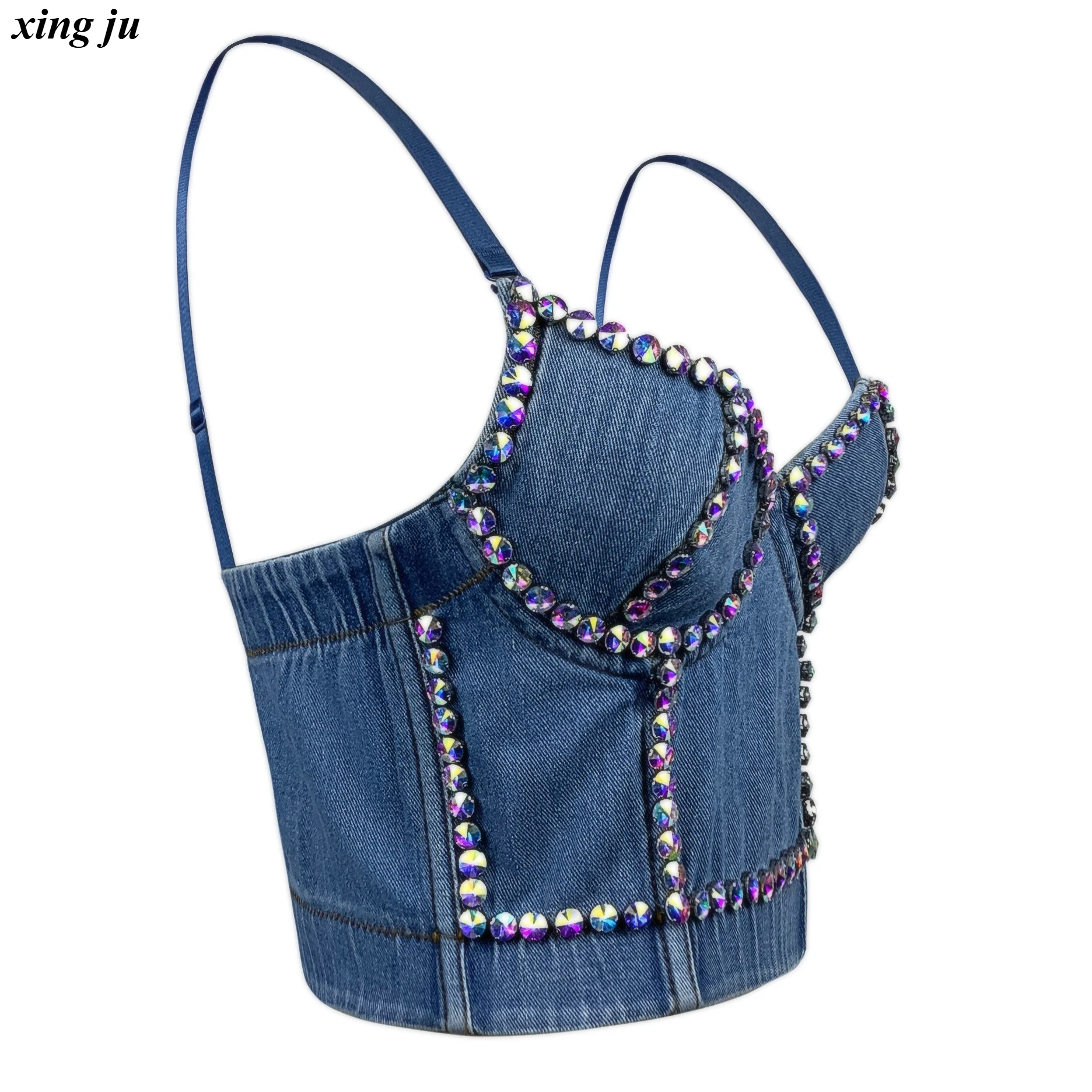 Xing Ju Nachtclub Sexy Denim Fishbone Sling Tops Jazzdans Backless Diamanten Klinknagels Korte Vest Vrouwen Stage Performance Kleding