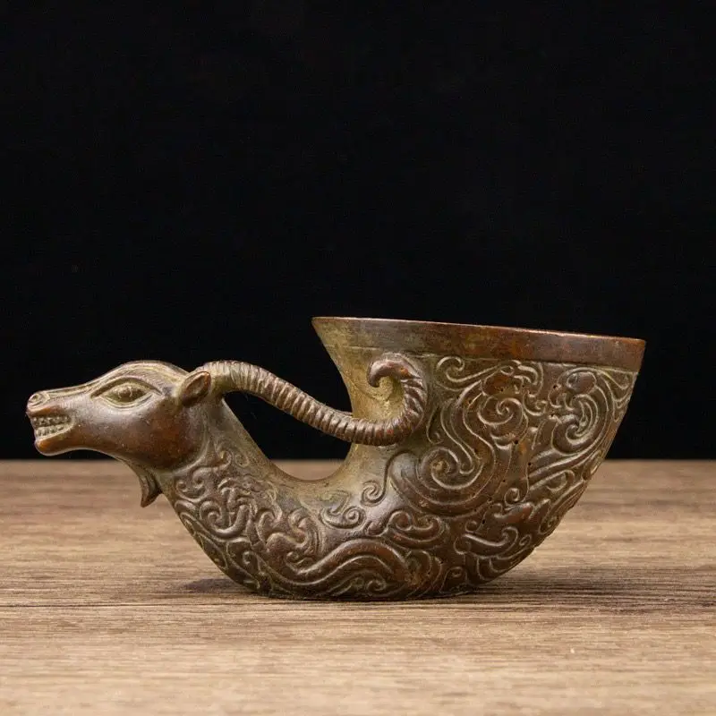 Antique Phoenix Pattern Sheep Head Cup Ornaments  Ancient Chinese Wine Cups Vintage Desk Decorations Home Decoration Accessories