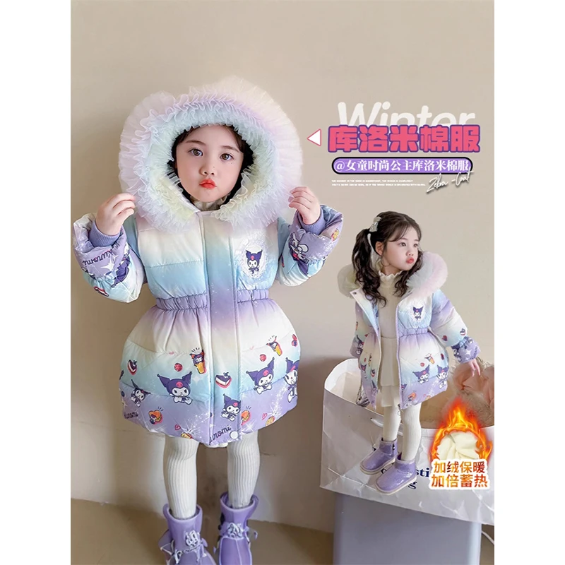 

Sanrio Kuromi Girls Winter Cotton Coat 2025 New Thick Warm Jacket for Baby Kids Outerwear Children Clothing Cold Weather Coats