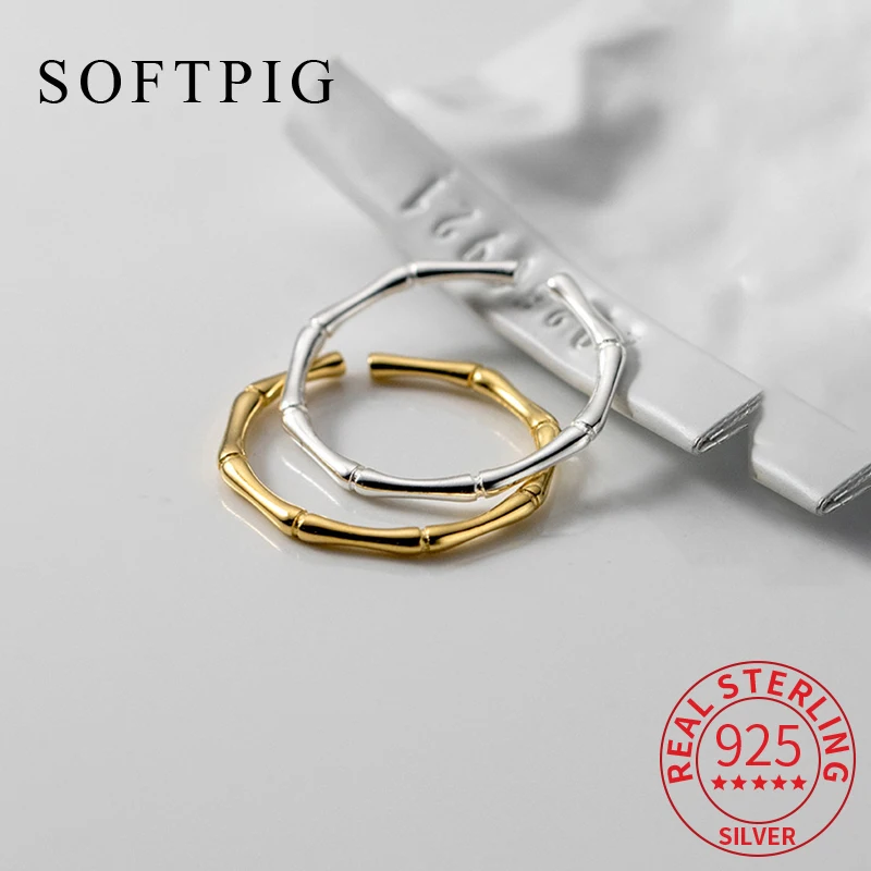 SOFTPIG Real 925 Sterling Silver Bamboo Nodes Adjustable Ring for Women Party Cute Plant Fine Jewelry Minimalist Accessories