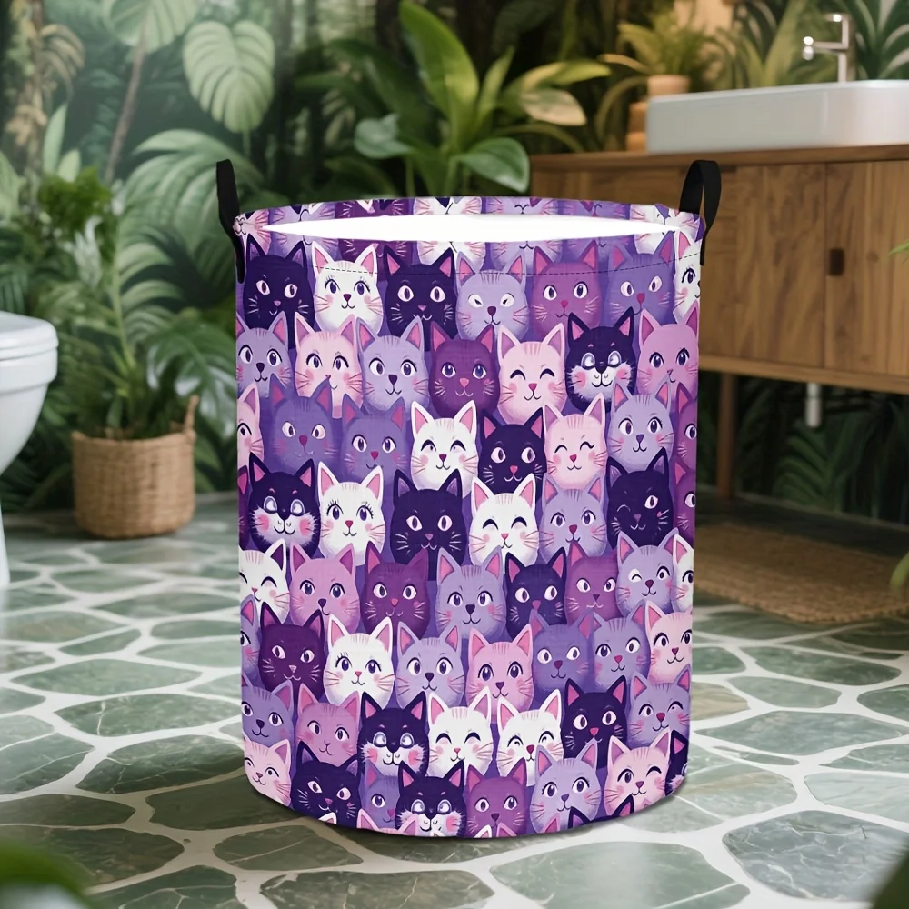 Large Round Foldable Laundry Hamper Basket with Cute Purple Pink White Black Tabby Print Heavy Duty Cloth-Like Clothes - view 4