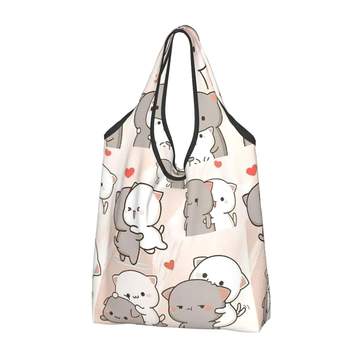 

Reusable Kawaii Peach And Goma Collage Cartoon Grocery Bag Machine Washable Mocha Mochi Cat Shopping Bag Large Eco Storage Bag