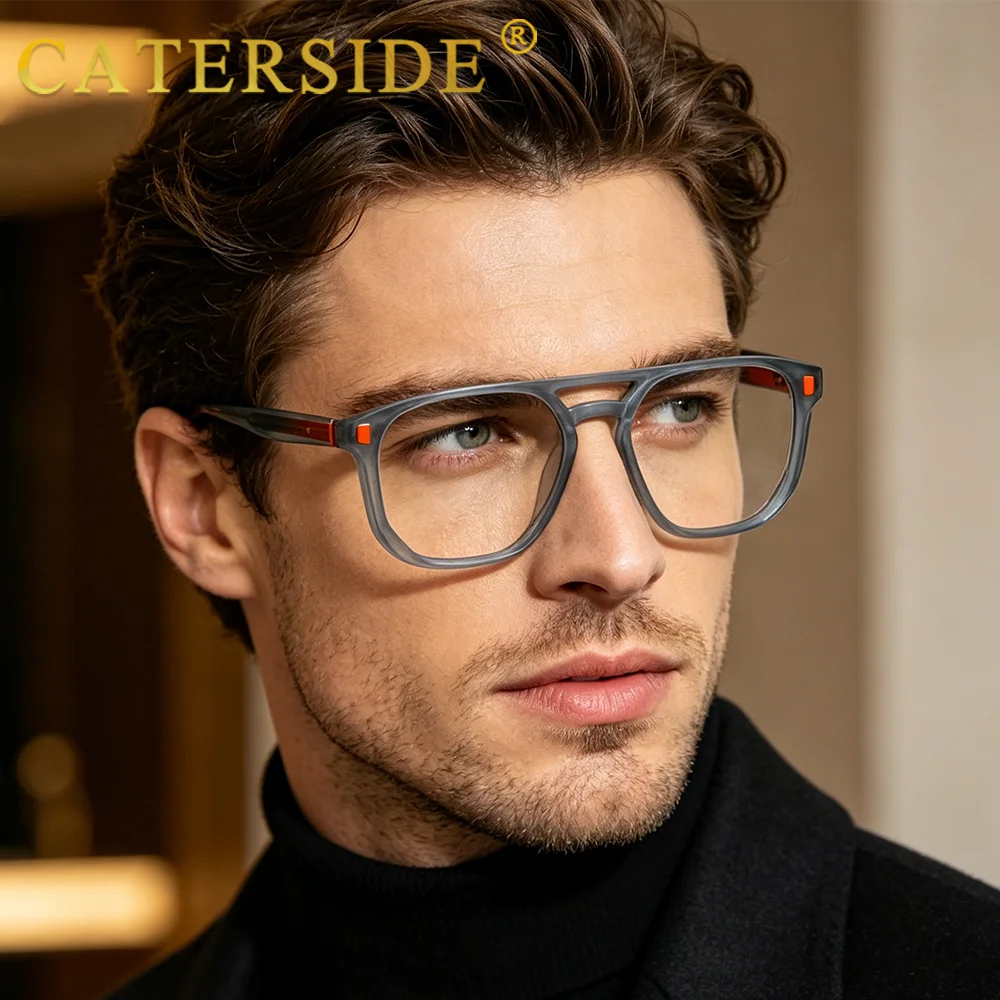 CATERSIDE Retro Herren-Brillengestell mit quadratischem Rahmen, flachem Oberteil und Doppelbrücken-Design, Anti-Blaulicht-Computerbrille, Damen-Brillengestell – Detail 2