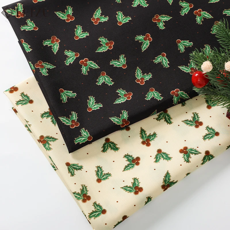 0.5M/1M/2M Christmas Style Fabric Holly Leaves Berries Print Holiday Fabric for Sewing Bag,Tablecloth,Quilting, DIY Decorations