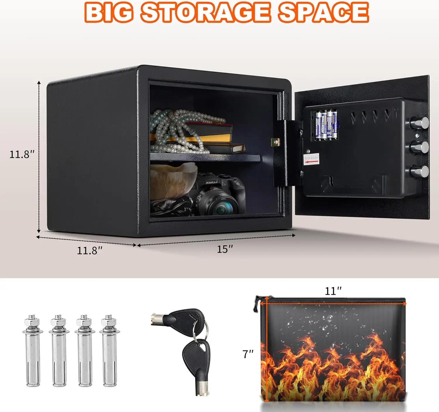 1.2 Cubic Feet Fingerprint Fireproof Home Safe With Fireproof Document Bag, Digital Security Safe With Removable Shelf Secure Ca