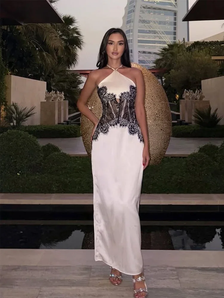 

Women Satin Lace Patchwork Halter Dress Sexy Sleeveless Off-shoulder Backless Slim Bodycon Dress 2026 Lady Evening Party Gowns