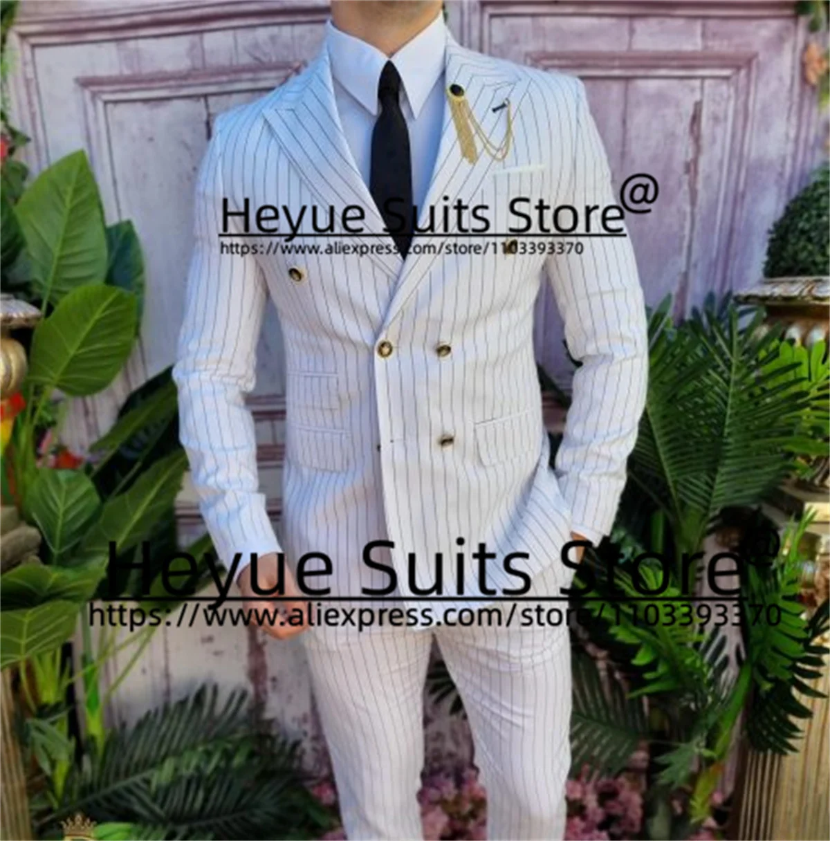 

White Stripe High Qublity Men Suits Slim Double-breasted Groom Tuxedos2Pcs Sets Business Male Blazer traje de hombre elegante