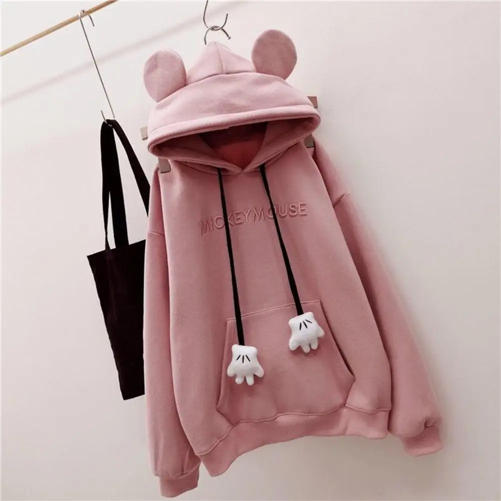 Fall Winter Women Hoodie Cartoon Hand Drawstring Ear Decor Patch Pocket Loose Long Sleeves Pullover Warm Letter Embroidery Top