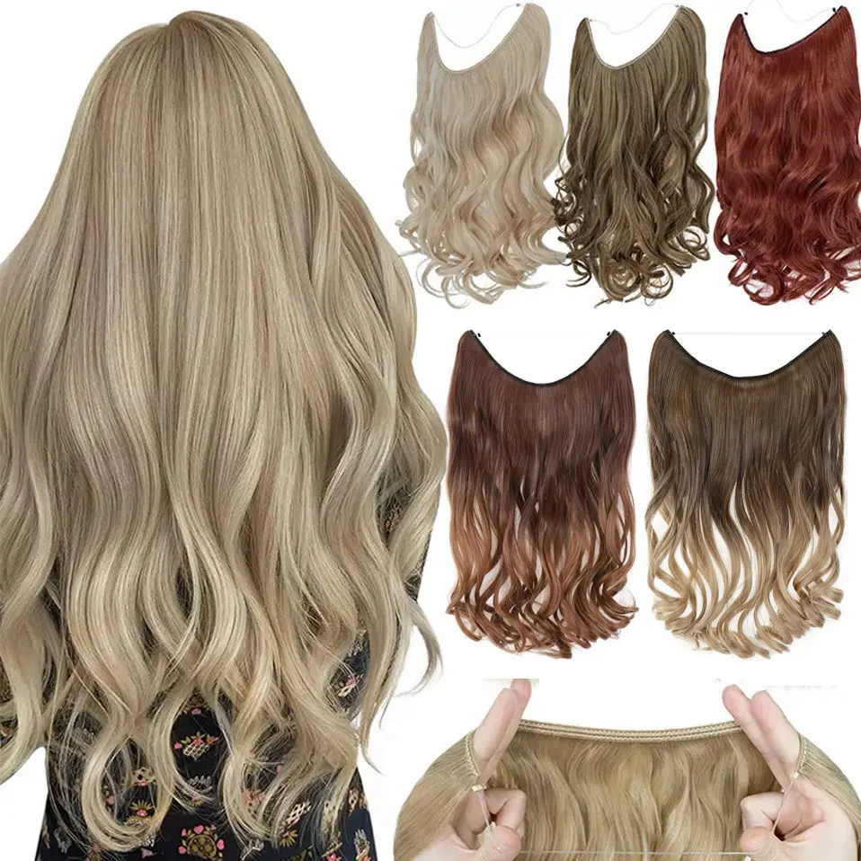 

Synthetic Invisible Wire In Hair Extensions with Transparent Fish Line Wavy Secret Adjustable Wire Hairpiece 20inch For Women