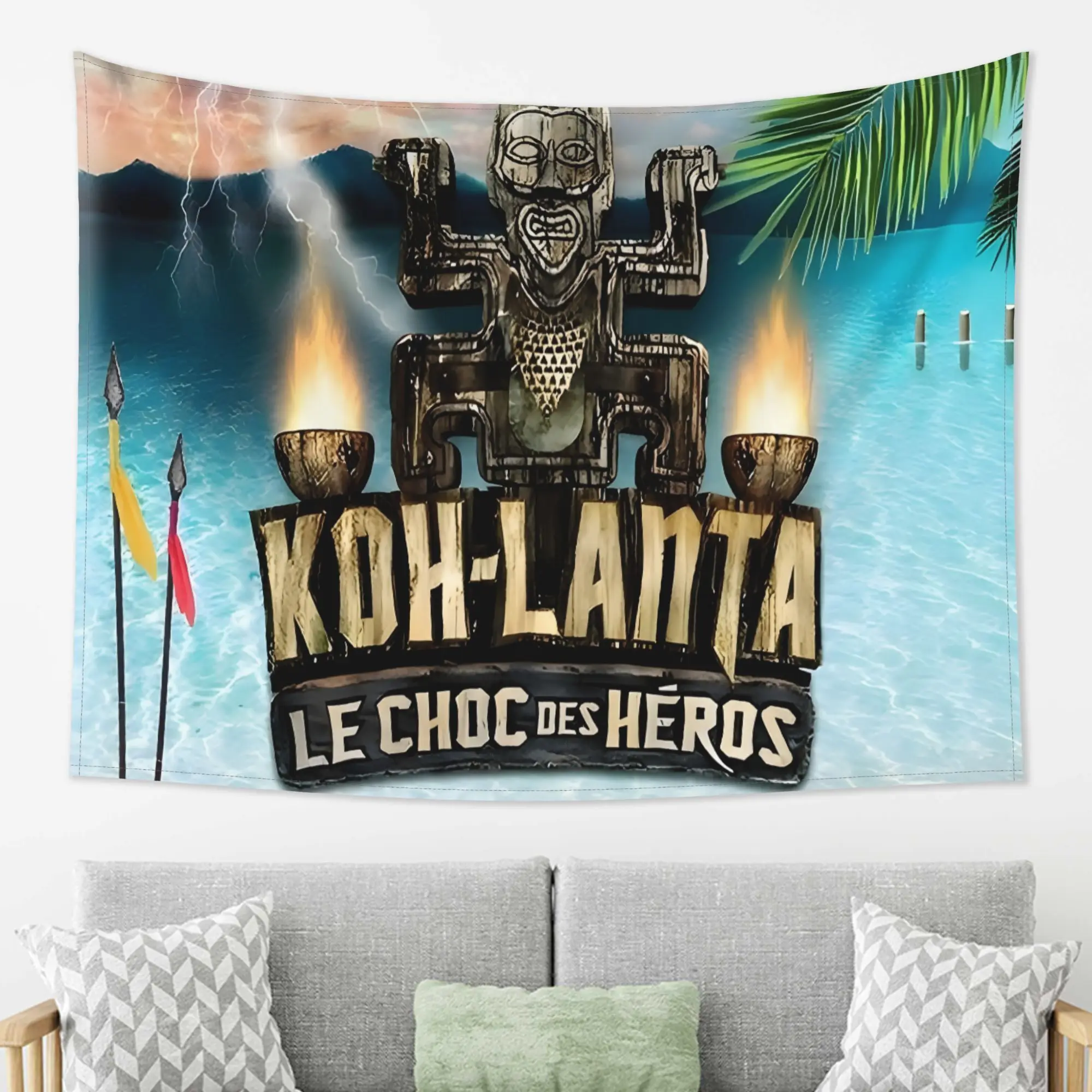 VIKAMA Tiki-Totem-Wandteppich, tropischer Insel-Hintergrundstoff, Retro-Stammestatue mit Ozean- und Blitzmotiv, Raumdekoration