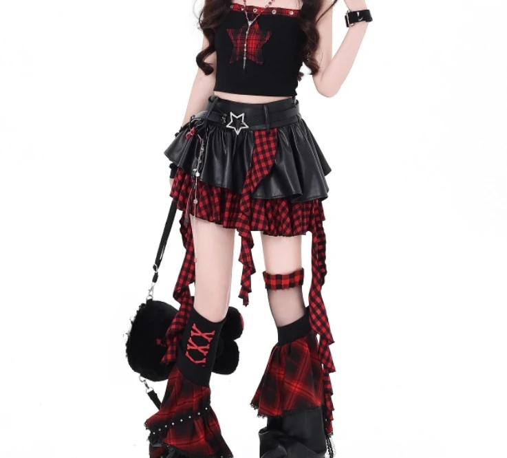 Spring Summer New Sexy Subculture Y2k Irregular Plaid Leather Skirt Fashion High Waist A-line Versatile Age-reducing Dark Skirts