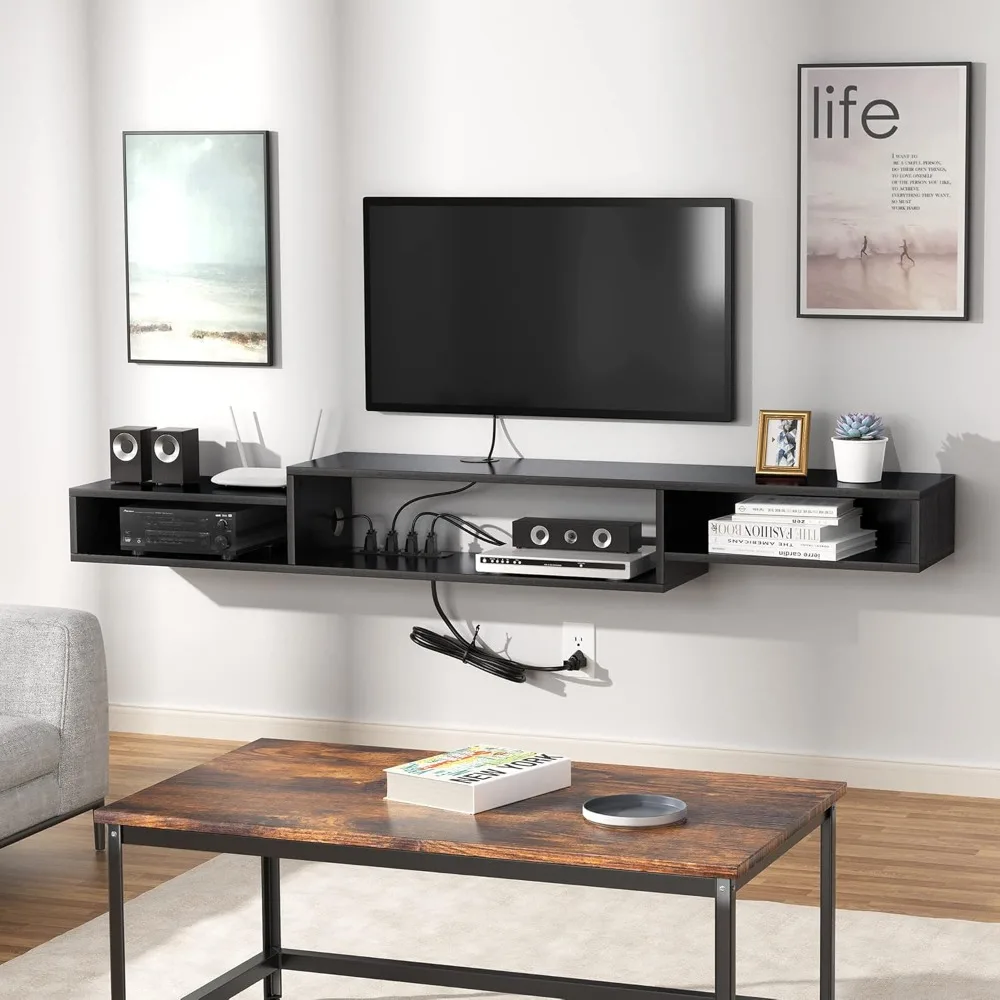

71 Floating TV Stand with Power Outlet Wall Mounted Media Console Cabinet Shelf Under TV for Cable Box Audio Video Black