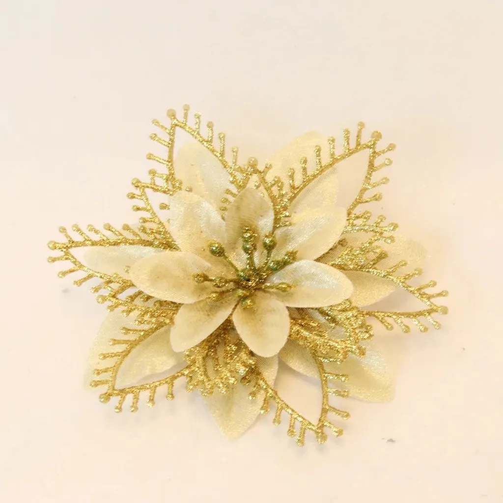Artificial Poinsettia Multi Layered Christmas Wreath Decoration Flower Christmas Flower Glitter Glitter Fabric Flower For Window