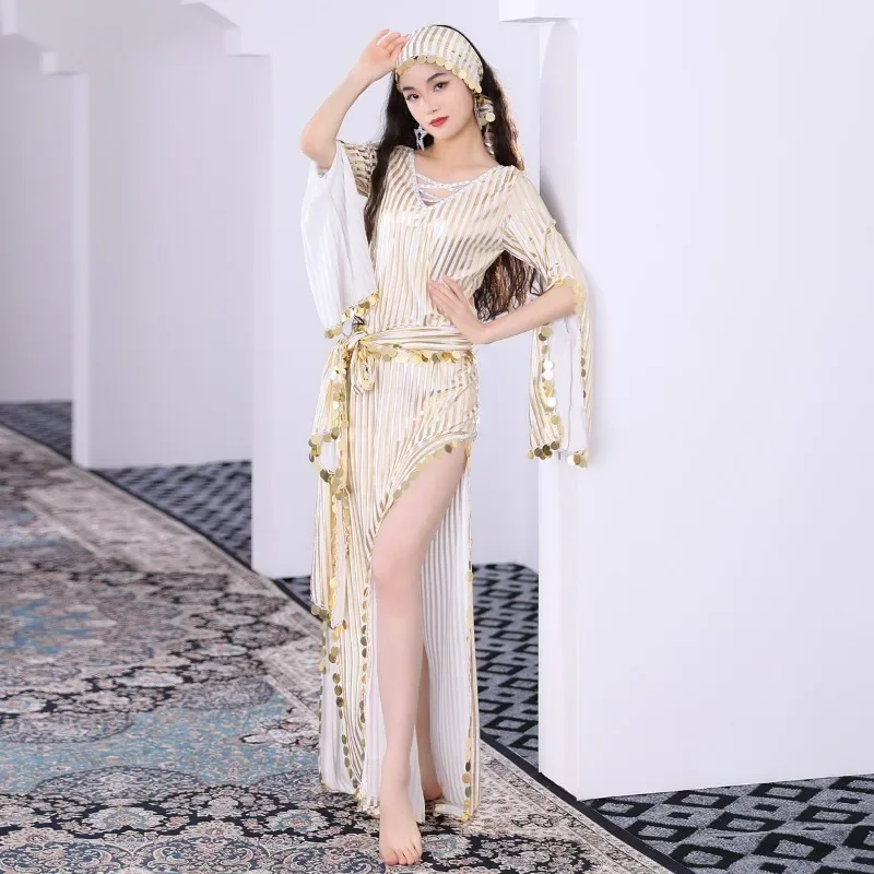 customized belly dance costume ladies' hot gold sequin robe baladi folk saidi rattan cane oriental dance performance costume set