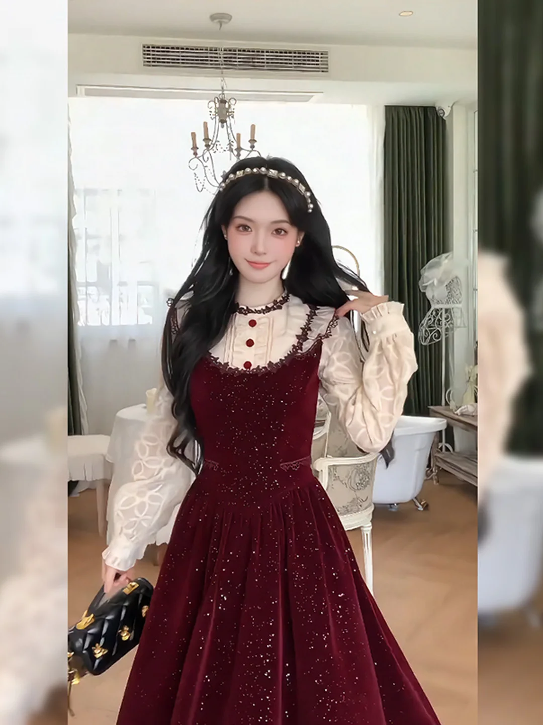 Court Sle Beautiful Long Sve Waist-Cinching Dr Autumn Winter New Early Long Skirt Women's Polyester Fiber Bell Sve