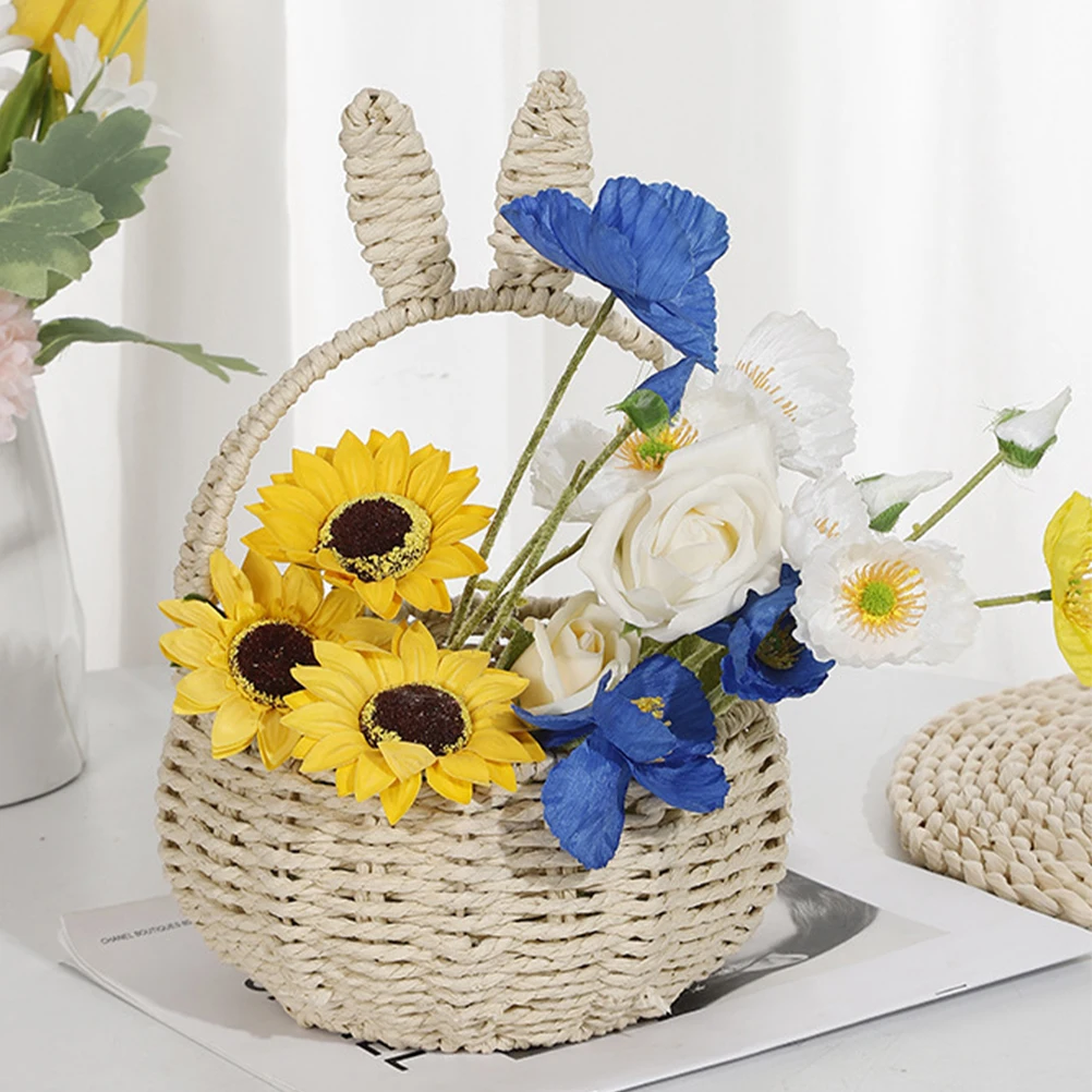 

Rabbit Ear Flower Handmade Woven Storage Basket With Handle For Wedding Party Gift Decorative Flower Holder Portable Small