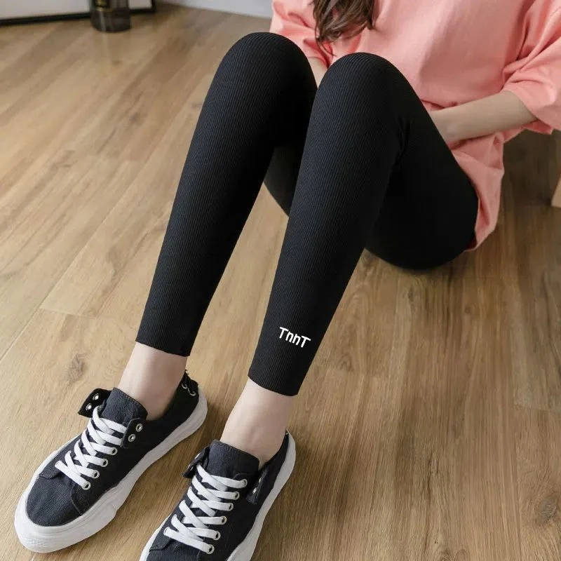 Gray Thermal and Fleece Leggings for Women's Outer Wear, Thickened Elastic High-waisted Thin Bottom Thermal Pants in Autumn and