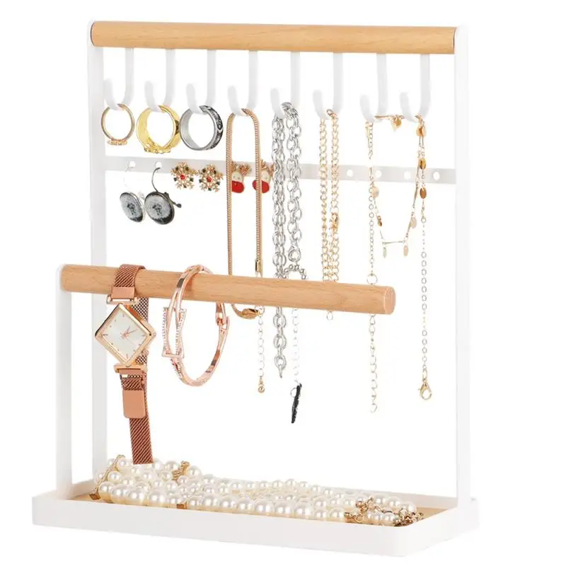 

Jewelry Stand Jewelry Display Holder 3-Tier Jewelry Organizer Stand With Stud Holes Necklace Stand With Tray 8 Hooks Holder