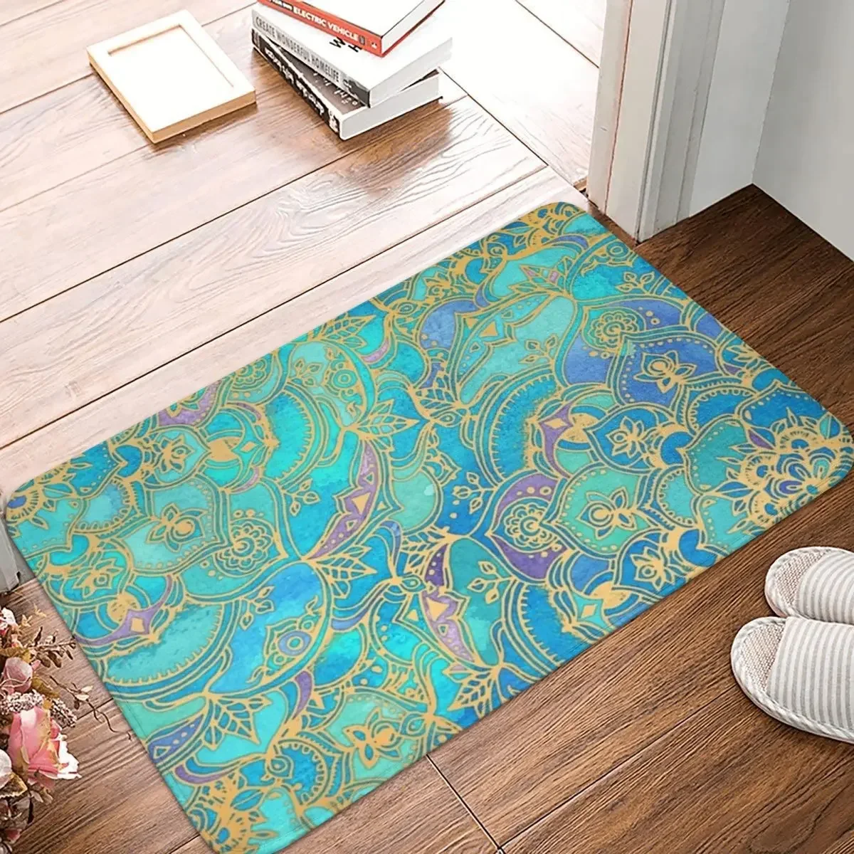 Sapphire & Jade Stained Glass Mandalas Doormat Rug Carpet Mat Footpad Polyester Anti-slip Entrance Kitchen Bedroom Balcony