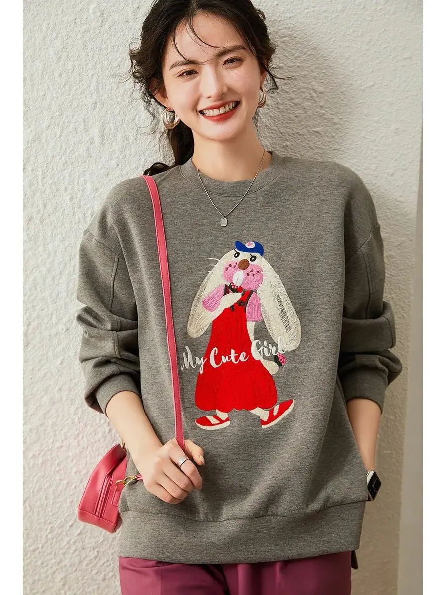 LOUIS YAO Women Sweatshirt 2024 Spring New Hoodies Pullover Round Neck Long Sleeve Embroider Rabbit Loose Cute Casual Tops