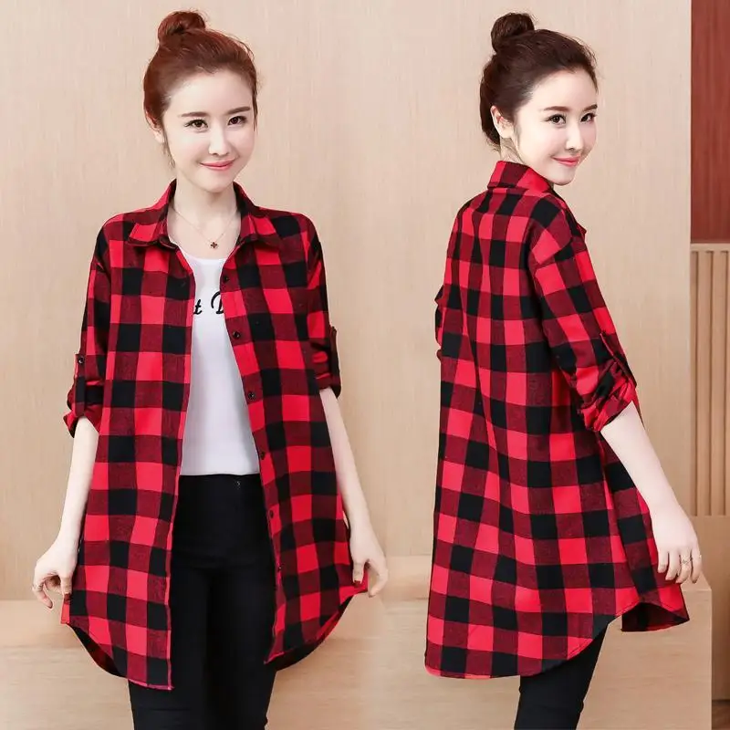 

Spring New Plaid Button Loose Shirt Tops Long Sleeve Polo Neck Plus Size All-match Blouse Street Casual Vintage Women Clothing