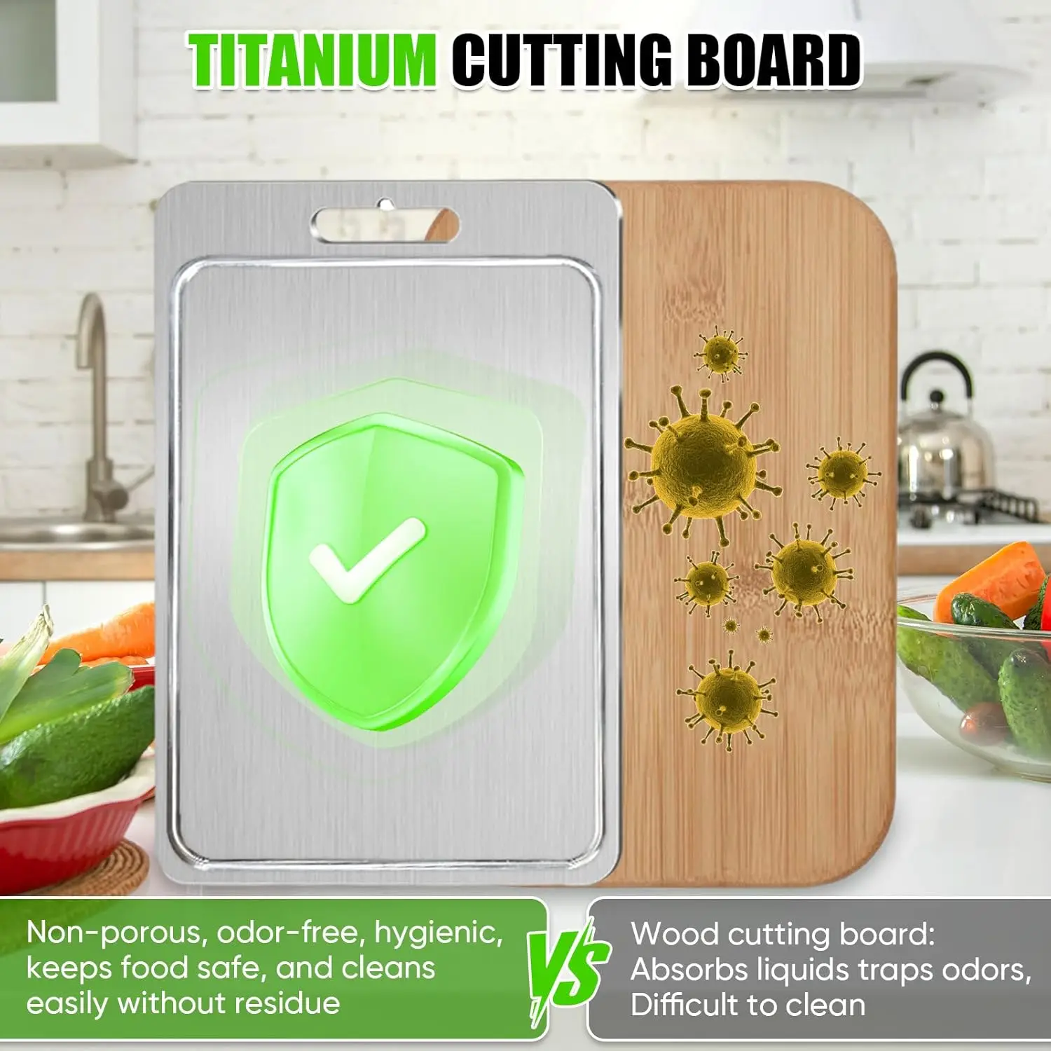 Tábua de cortar de titânio dupla face com ranhura de suco, durável para carne e produção (grande, 1,5 mm de espessura)