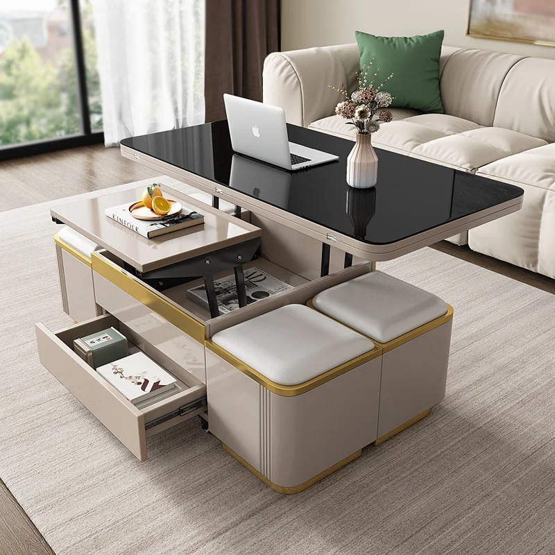

Multifunctional coffee table folding dining small apartment lifting dining table living room modern simple tea table cream