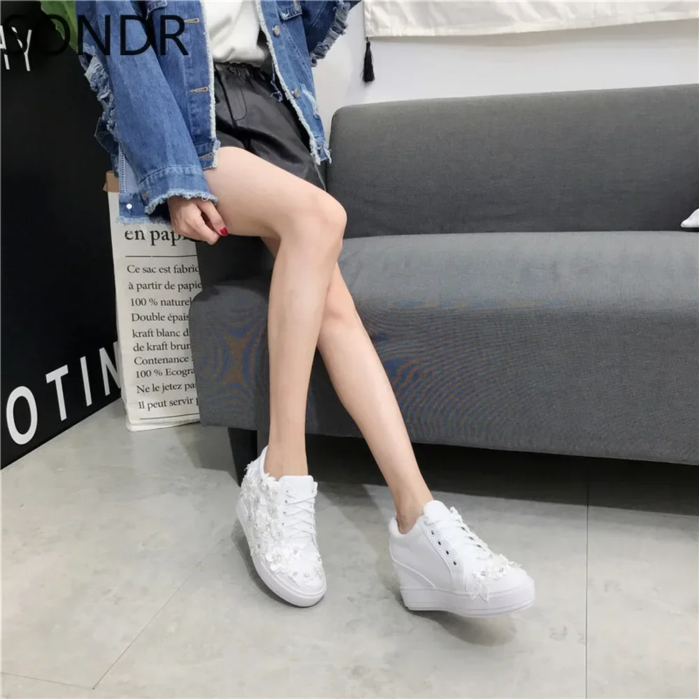 Womens PU Leather Rhinestones Lace Flowers Wedge Hidden High Heel Sneakers Shoes Lace Up Black White Girls New 2024