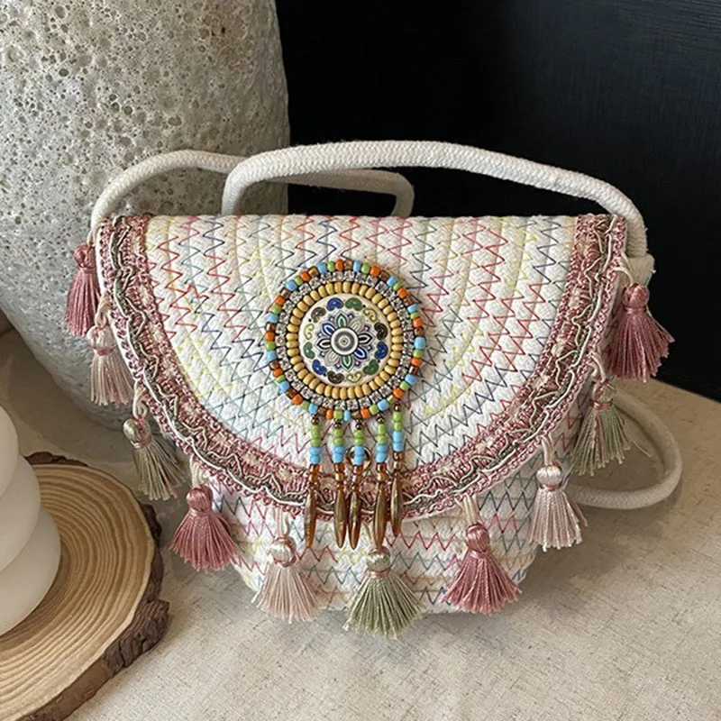 

Fashion Bohemian Ethnic Style Women's Straw Woven Shoulder Messenger Bag Retro Casual Tassel Bucket Bag Women Summer Rattan Bag