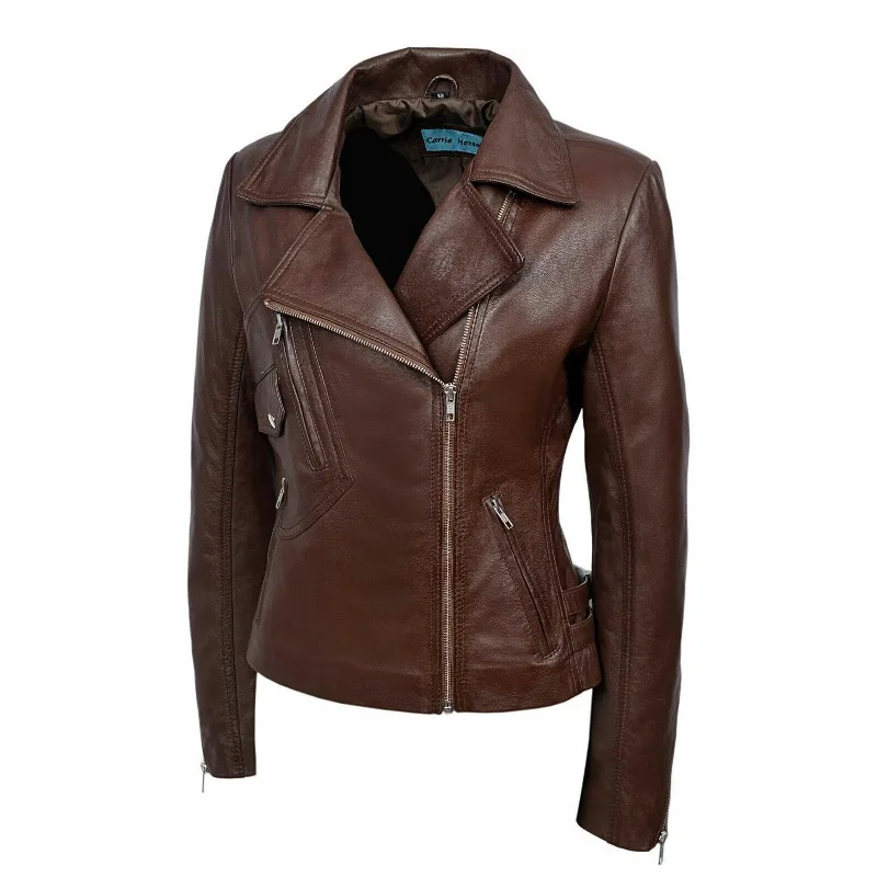 

Women's Authentic 100% Lambskin Leather Brown Jacket Slim Fit Biker Stylish Coat