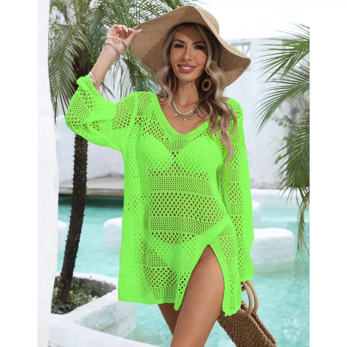 فستان شفاف للحماية من الشمس للنساء 2024 - سترة شاطئ بوهو بأكمام طويلة من الدانتيل الكروشيه مع رقبة على شكل V