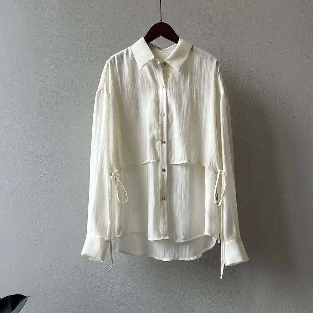 Fake Two-piece Tie-shirt for Women Spring/Summer 2025 Collection Collared Loose-fitting Long-sleeved Top with Temperament