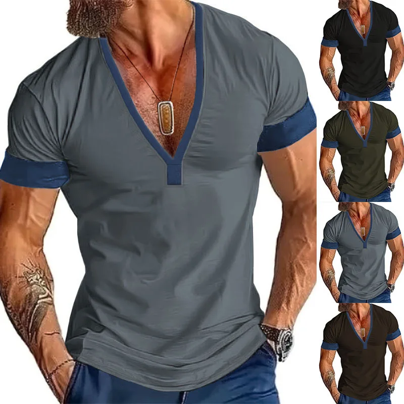 INS Cross-border 2024 Summer Fast Sale Amazon Short Sleeve Casual Men's V-Neck Large Size Stripe T-Shirt Top