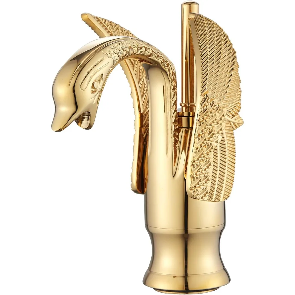 

Gold Bathroom Faucet GGStudy Swan Shape Single Handle One Hole Bathroom Vanity Faucet Basin Tap Deck Mount Lavatory
