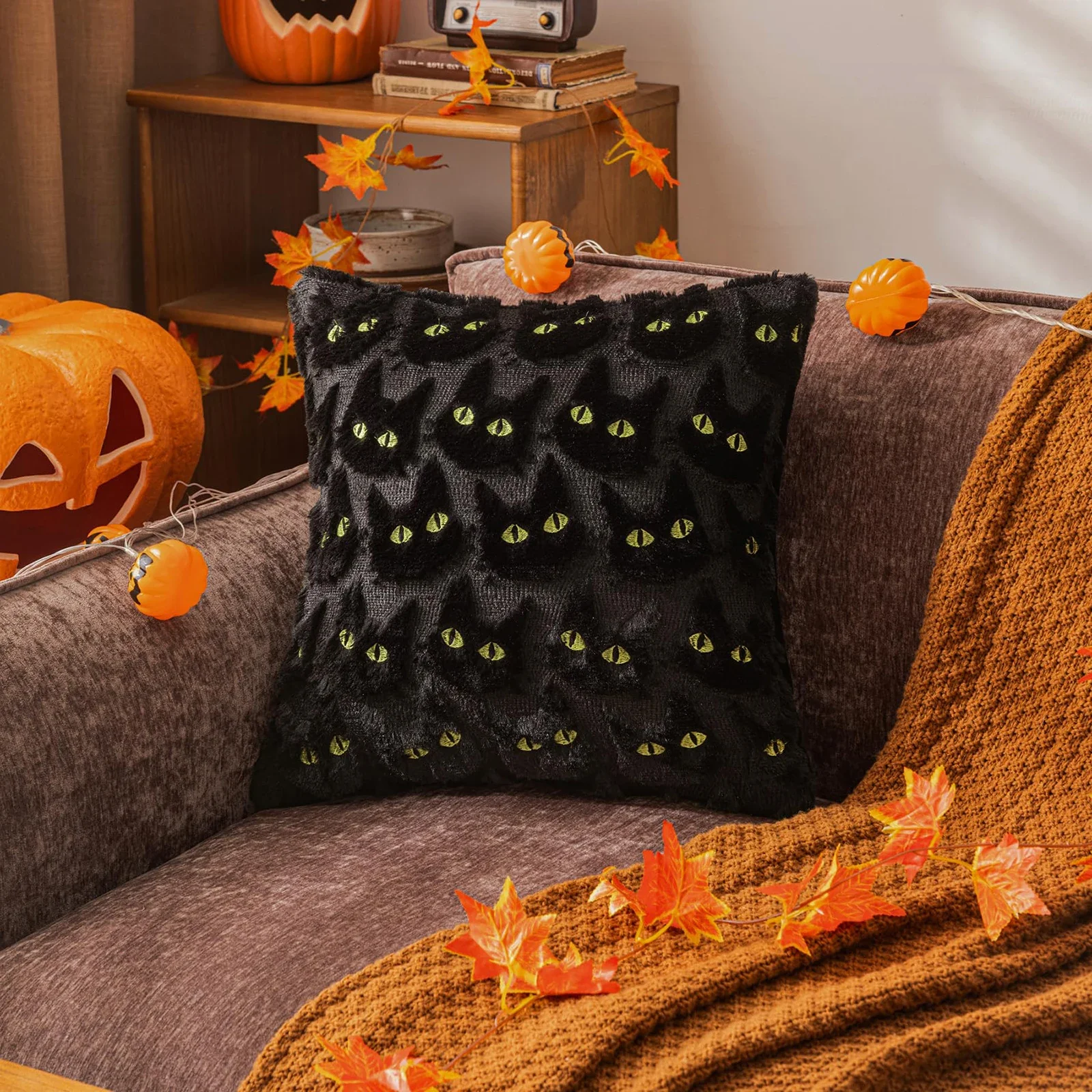 Halloween Black Cat Plush Cushion Cover Embroidery Square Throw Pillow Cover Sofa Home Decor Pillowcase 45x45cm 50x50cm