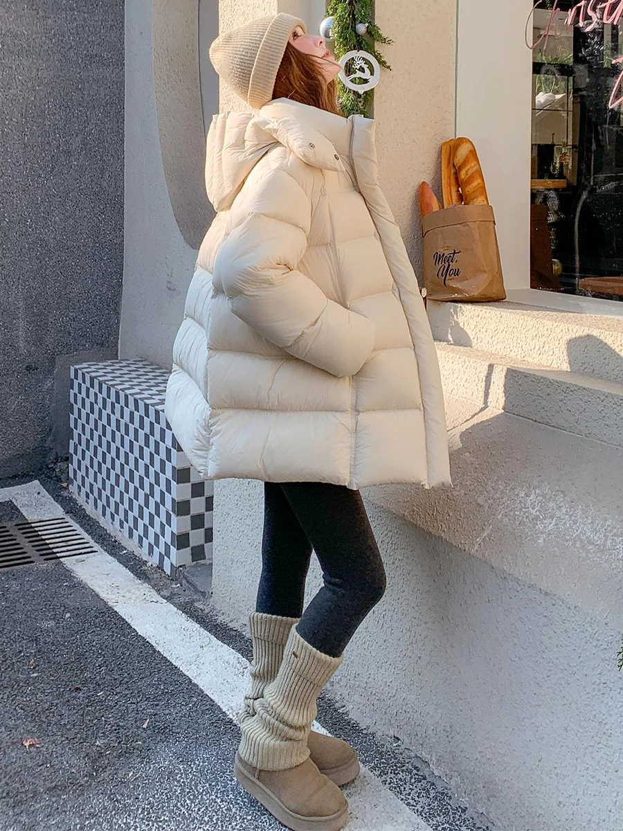 Damska kurtka puchowa Casual Sle Long Bla, biała, luźna, ciepła, z kapturem, zimowa odzież wierzchnia Faion