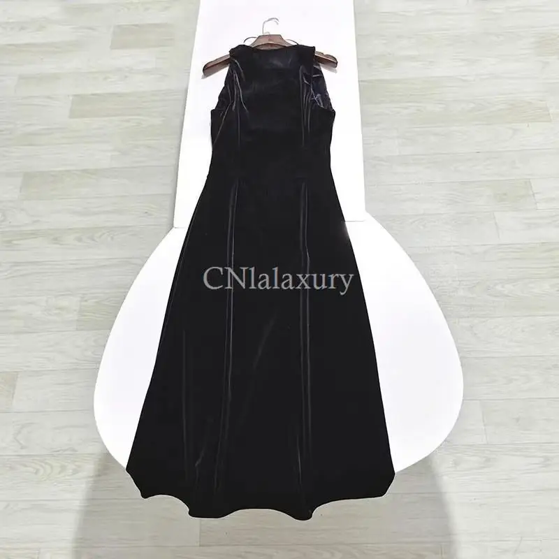 CNlalaxury 2024 primavera donna velluto senza maniche pieghettato Slim Midi Dress femminile Sexy Party Vestidos Vintage Street Tank Dresses