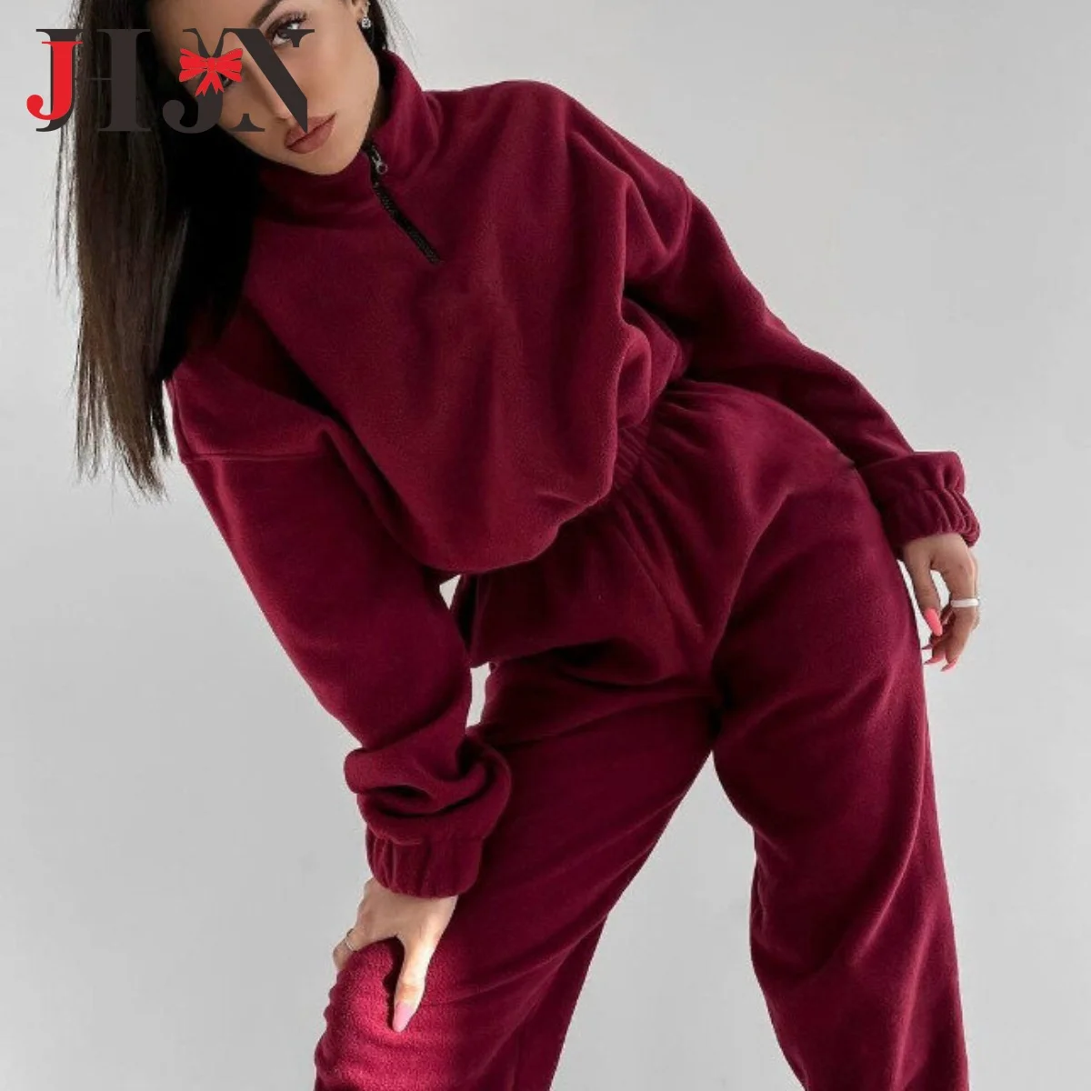 JHJN Women Hoodies Sets Fleece Suit Loose Long Sleeve Sweatshirt and High Waist Trousers 2 Pieces Set Female Warm Tracksuit 2025