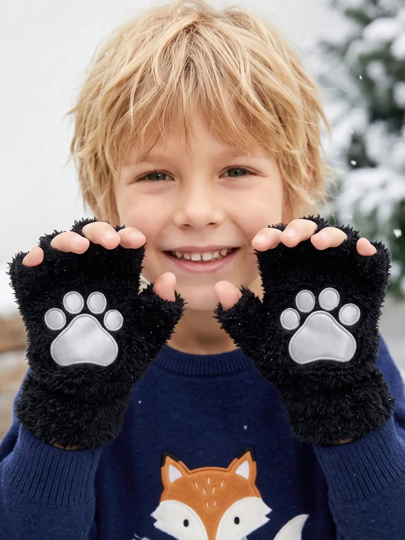 1Pair 8‑16Y Boys Bear‑Paw Plush Knit Gloves, Cartoon Half‑Finger Knitted Gloves for Older Kids Daily Seasonal Matching Outfits