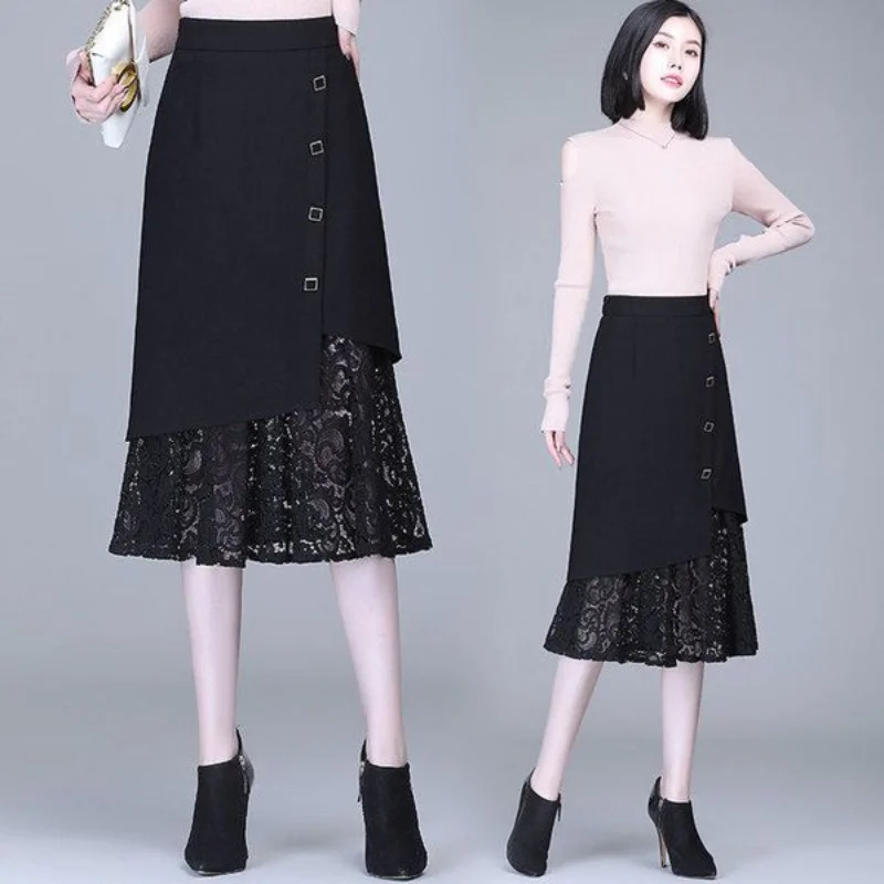 Fashion Solid Color Hollow Out Lace Patchwork Skirt Women Classic Office High Waist Elasticity Temperament Lady Skirt