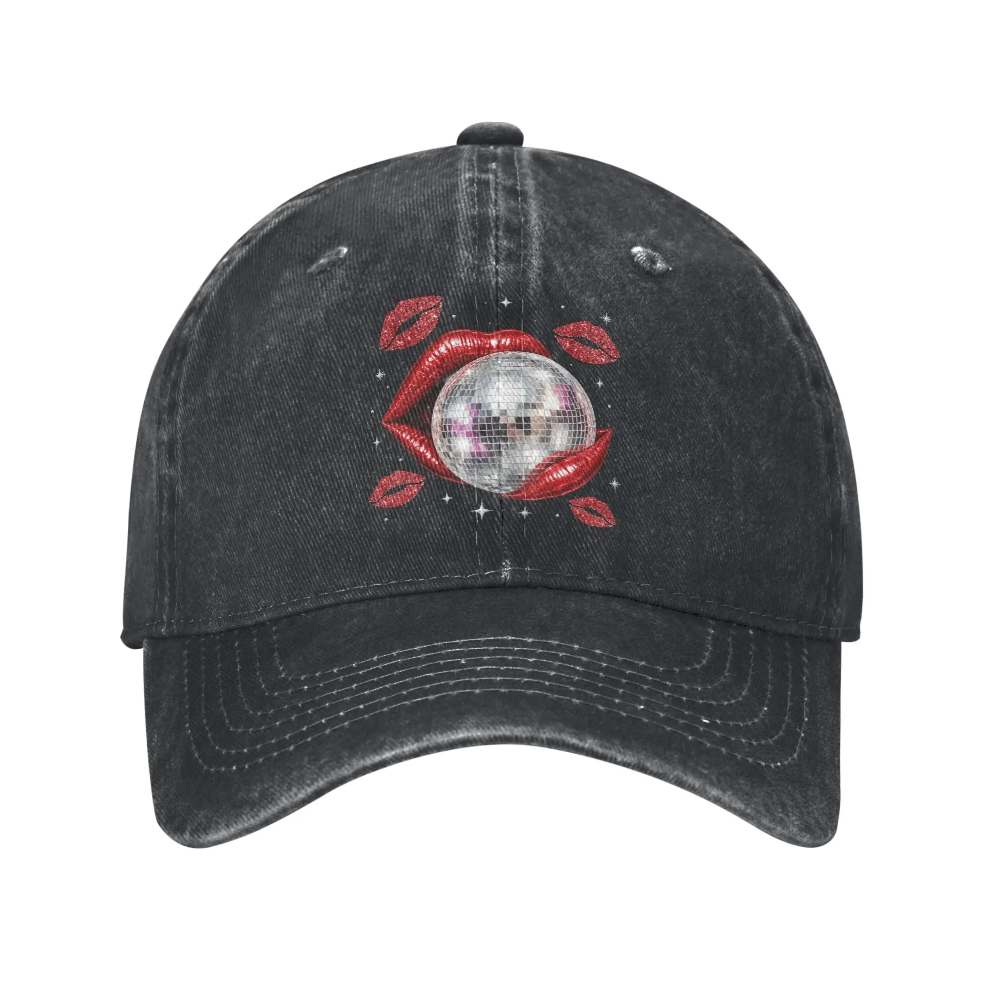 Disco Ball Kissing Lips Washed Baseball Cap  Trendy Sun Hip Hop Hats Summer Women Men Hiking Fishing Baseball Caps