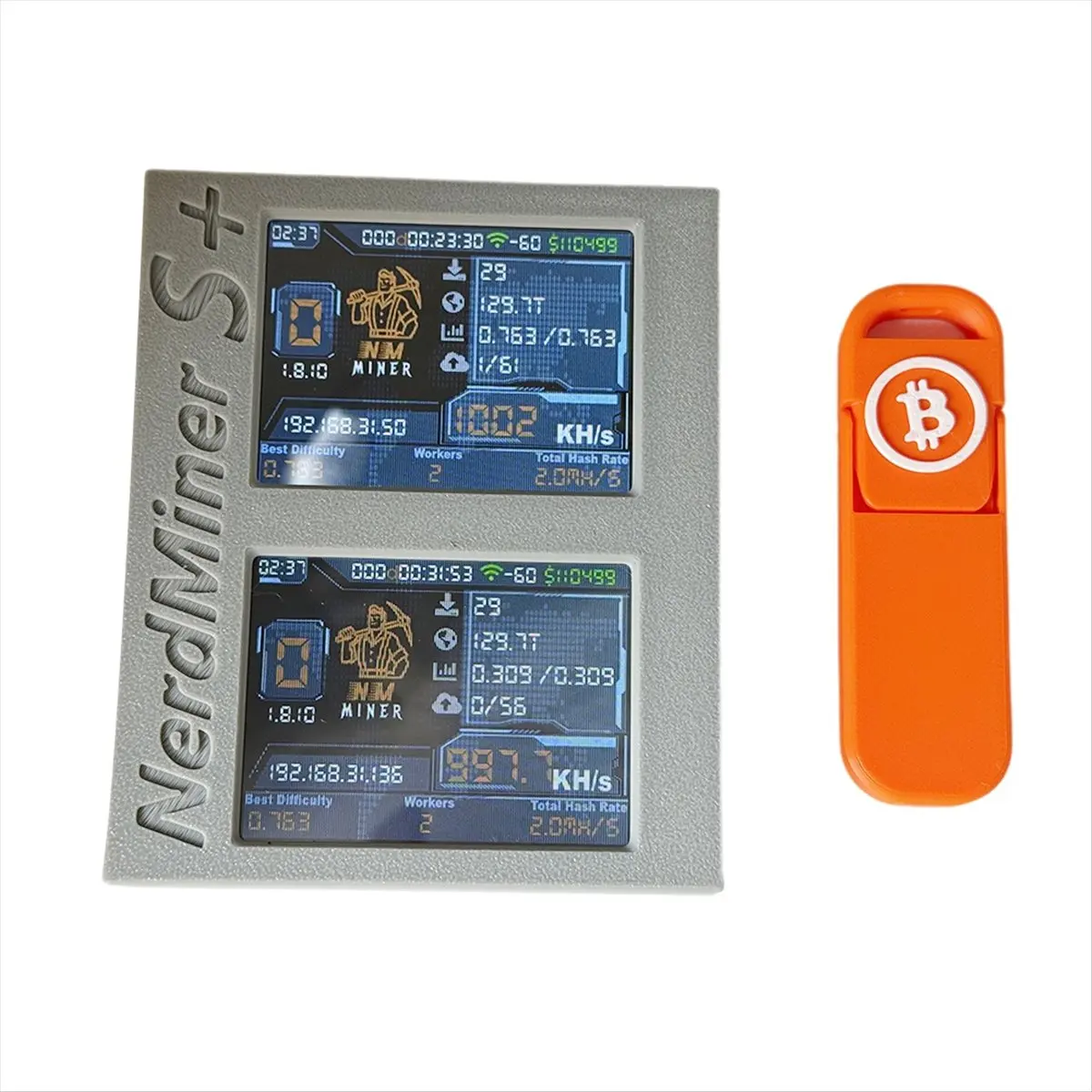 Nerdminer S + Solo Miner شاشات مزدوجة 2X1060KH/S تعدين/وقت/سعر العملة عرض BTC Crypto Miner + حامل ثلاثي الأبعاد