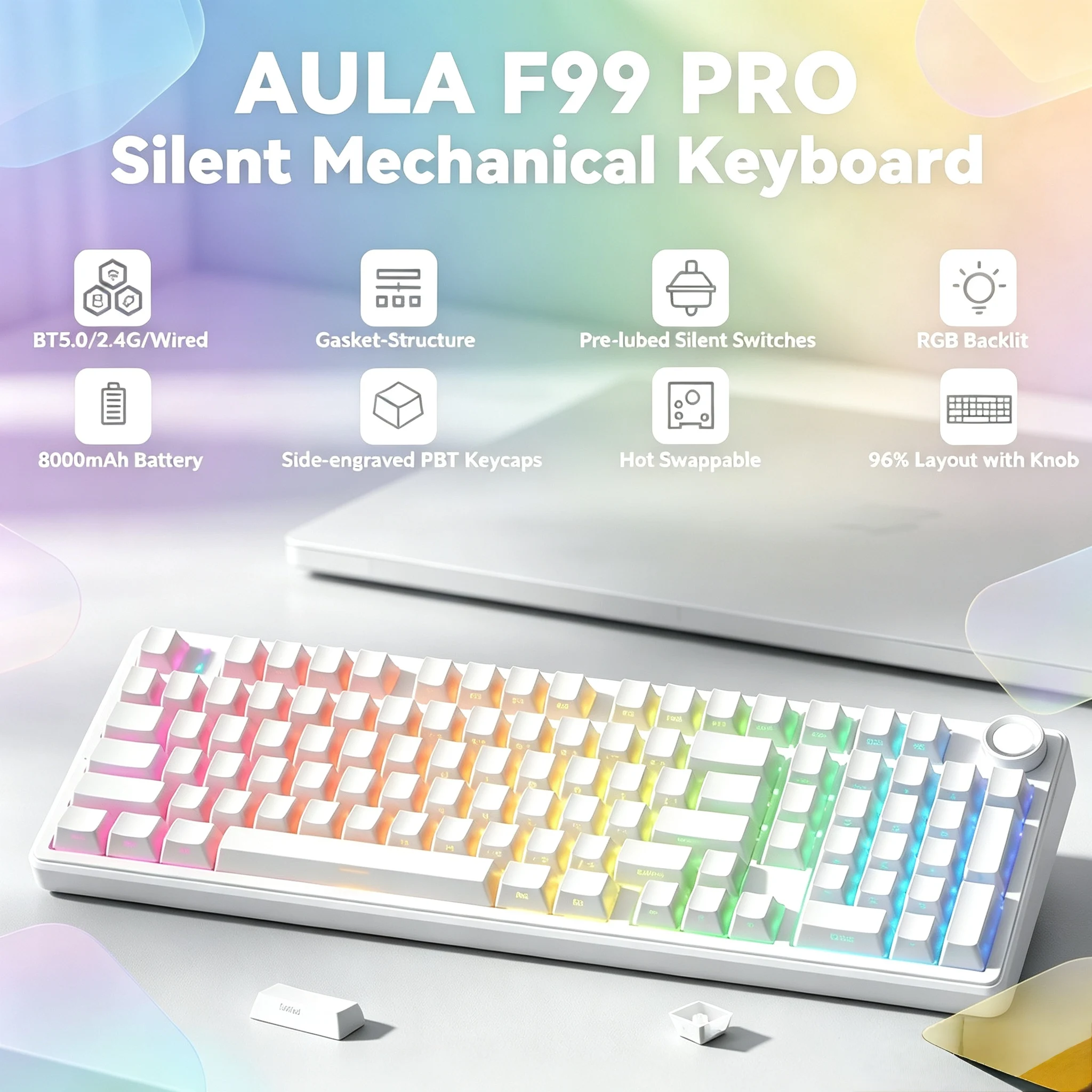 AULA F99 Pro Silent Mechanical Keyboard for Office Three Mode Hot Swappable RGB Backlit 96% Layout Wireless Keyboard with Knob