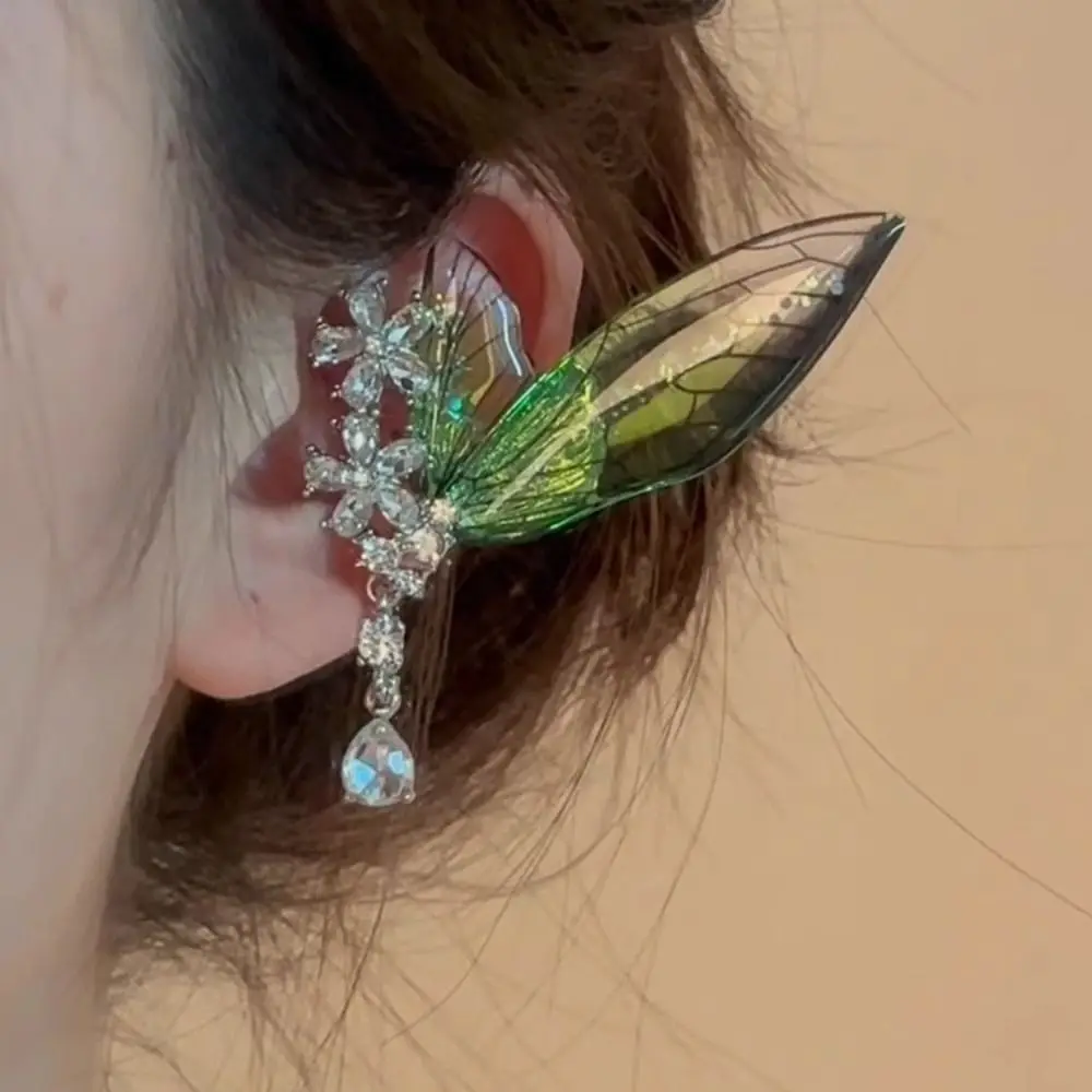 

Sweet Exquisite Green Elf Ear Clip Transparent Shiny Butterfly Earrings Rhinestone Ear Jewelry Wings Ear Clip Party