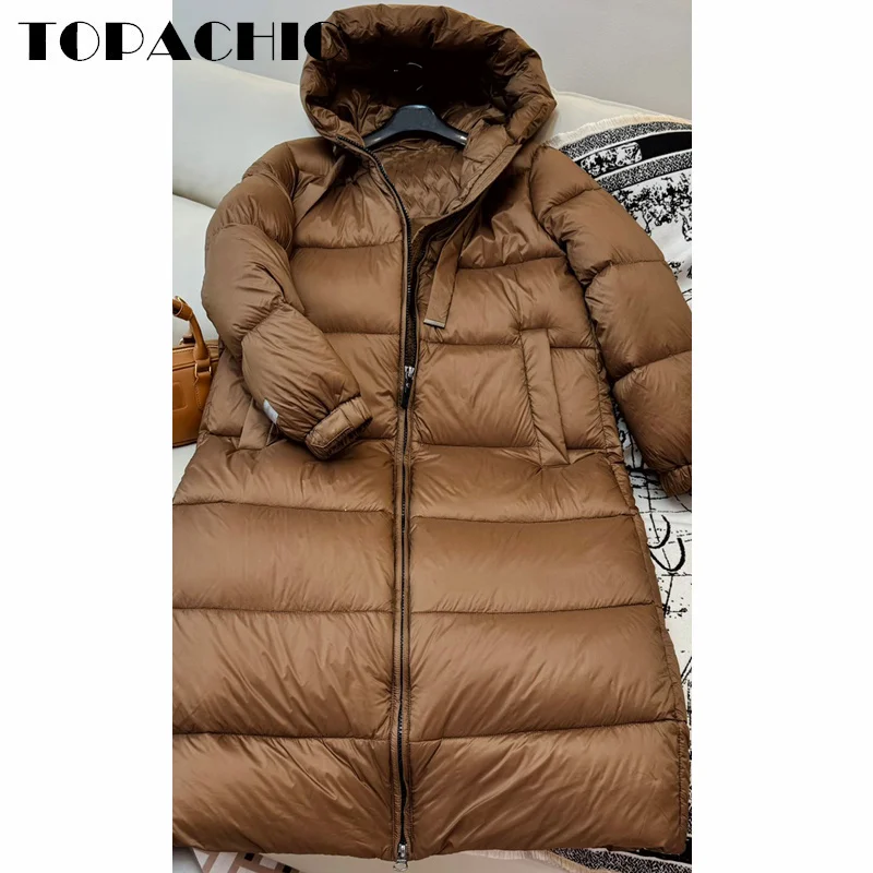 9.6 TOPACHIC-Women Drawstring Hooded Thick Keep Warm Goose Down Outerwear Double Zipper Long Sleeve Loose Straight Coat